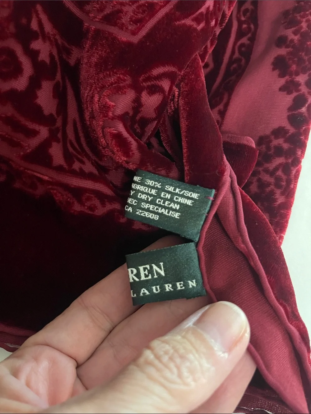 Lauren Ralph Lauren Deep Burgundy Burnout Velvet Scarf Rayon Silk